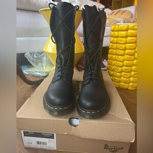 Dr. Martens Black Leather Virginia Boots with Yellow Stitching and side zipper